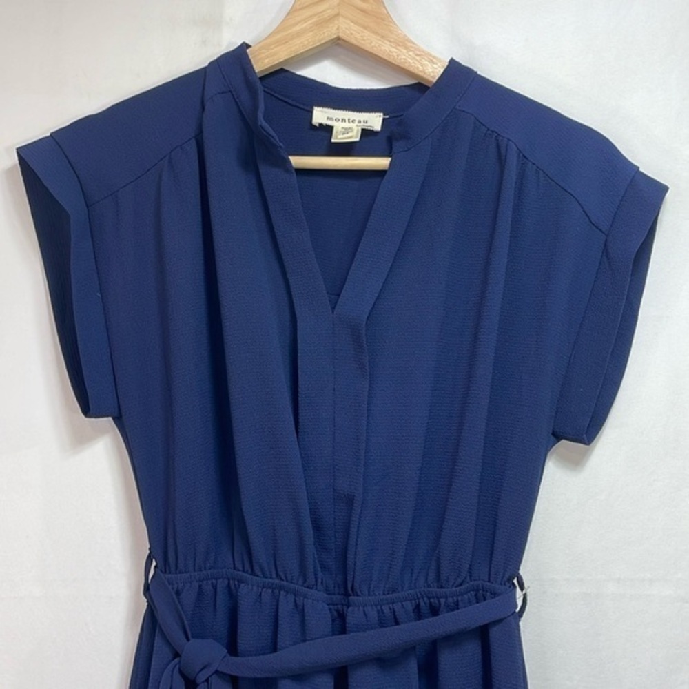 🦜 Monteau navy blue short sleeve elastic waist, fuller skirt dress